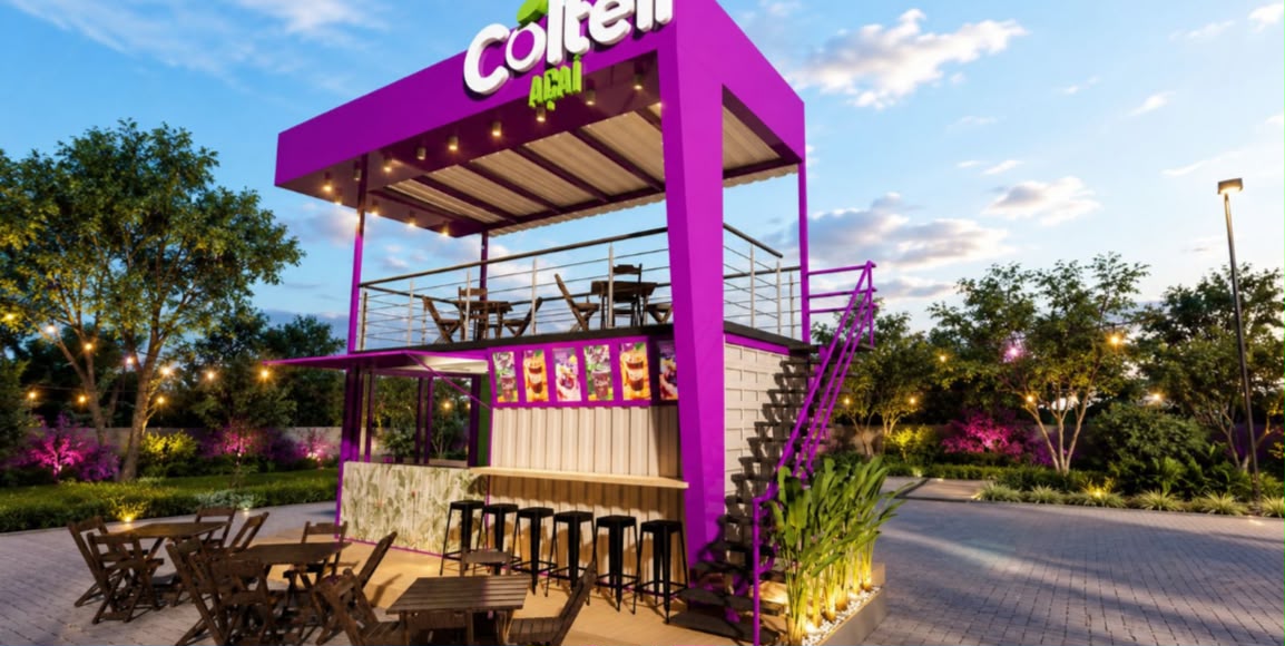 Loja Colteli Açaí modelo quiosque, 30m² em dois andares, formato container